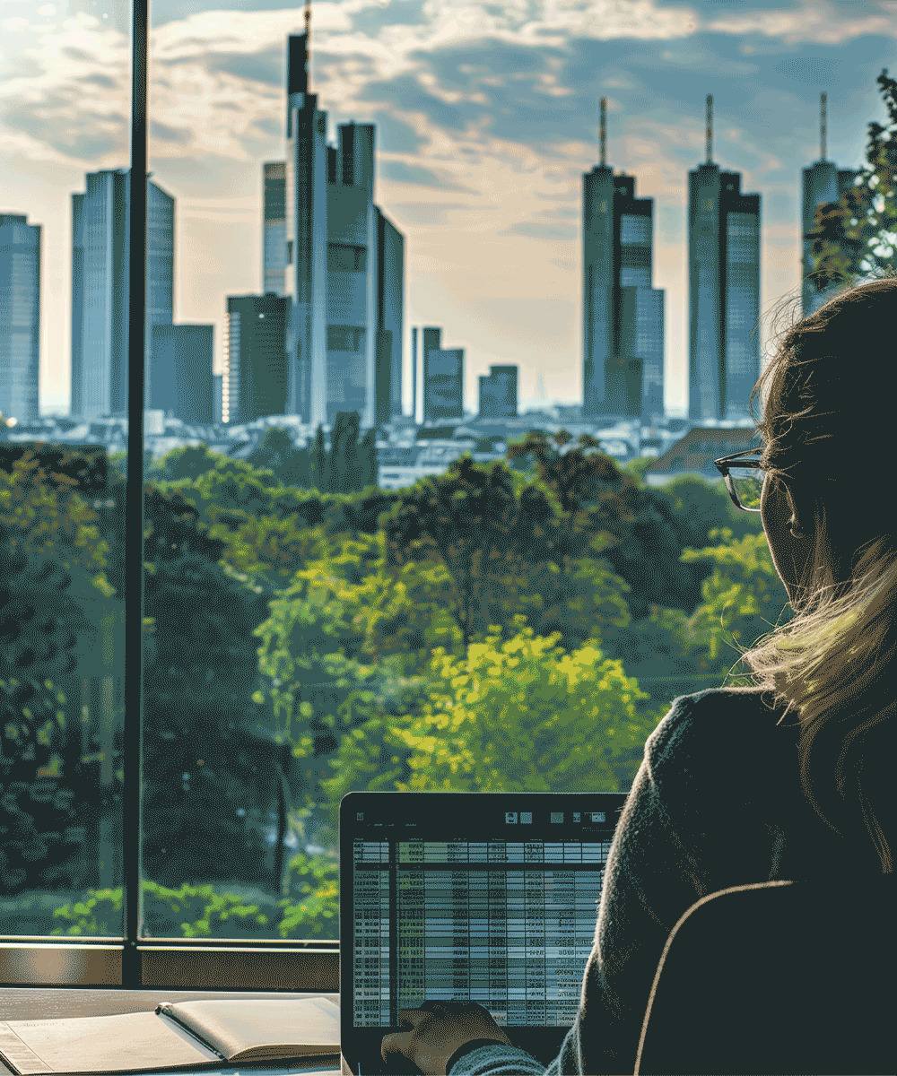 Frau bei Bildschirmarbeit blickt vom Laptop auf zur Skyline